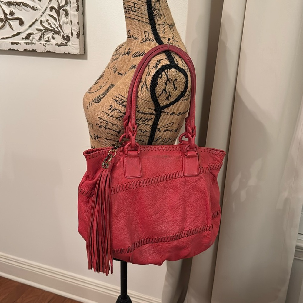 Red Leather Carlos Falchi Purse Hobo with Fringe detail